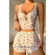 Homay 2’li Kiraz Desenli Dantel Detaylı Likralı Şortlu Pijama Takımı