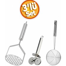 Dystopia Paslanmaz Çelik Kızartma Yağ Kevgiri - 26 cm Patates Ezici - Çiftli Pizza Hamur Kesici Rulet