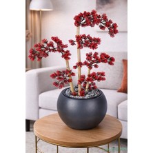 Yapay Çiçek Sitesi Siyah Küre Saksıda Modern Minimal Tasarım Yapay Bonsai Ağacı Kırmızı 65 cm