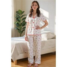 Homay 2'li Kiraz Desenli Fiyonk Detaylı Kısa Kollu Pamuklu Pijama Takımı
