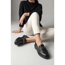 Marjin Kadın Loafer Makosen Tokalı Taşlı Klasik Günlük Ayakkabı Egano Siyah
