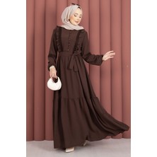 Asm Güpür Şeritli Kuşaklı Tesettür Elbise Kahve