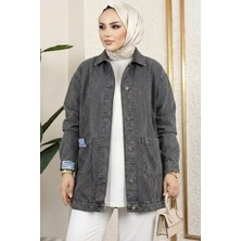 Harman Butik Kadın Düğmeli Cepli Gri Kot Ceket