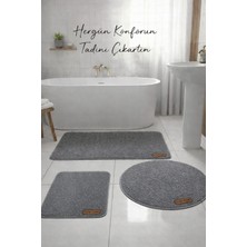 Flow Home 3’lü Peluş Banyo Paspası Kaymaz Tabanlı Yıkanabilir Lüks Yumuşak Klozet Takımı Gri Su Emici Halı