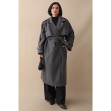 inStyle Apoletli Kuşaklı Astarsız Oversize Koyu Gri Kaşe Kaban