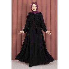 Asm Güpür Şeritli Kuşaklı Tesettür Elbise Siyah