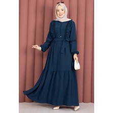 Asm Güpür Şeritli Kuşaklı Tesettür Elbise Petrol