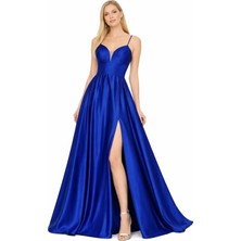 Askılı Saten Uzun Abiye Elbise Derin V Yaka