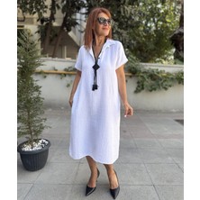 V Yaka Müslin Elbise Beyaz