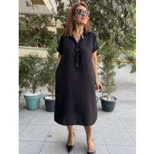 V Yaka Müslin Elbise Siyah