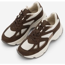 Marjin Kadın Sneaker Kahverengi Süet Yüksek Kalın Taban Bağcıklı Spor Ayakkabı Termo Taban