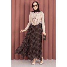 Md Ekose Desenli Asimetrik Kesim Şifon Etek Kahve