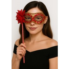 Ett Lüks Taşlı Saplı Maskeli Balo Maskesi Kırmızı Renk 35 cm