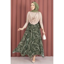 Md Şal Desen Asimetrik Kesim Şifon Etek Haki