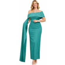 Kayık Yaka Taş Detaylı Uzun Abiye Elbise – Pelerin Detaylı Şık Gece Elbisesi