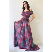 The Zks-Kadın Batik Desenli Madonna Yaka Desenli Tül Abiye Elbise Mürdüm, Saks, Mor, Yeşil
