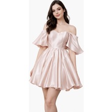 Omuz Dekolteli Saten Mini Abiye Elbise Volan Kollu