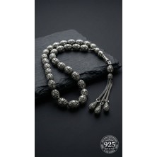 Roza Silver 925 Ayar Oval Kesim 3 Kamçılı Püskül Orta Boy Karo Işlemeli Otantik Gümüş Tesbih
