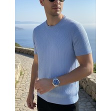 Nakşi Giyim Erkek Bisiklet Yaka Desenli Günlük Rahat Kalıp Kısa Kollu Yazlık Örgü Triko Tişört