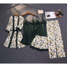 Ece's Design 5 Parça Lüks Saten Pijama Gecelik Takımı Çiçek Desenli Sabahlık Robe Kadın Iç Giyim Seti W2013