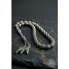 Roza Silver 925 Ayar Oval Kesim 3 Kamçılı Püskül Orta Boy Beşgen Işlemeli Otantik Gümüş Tesbih