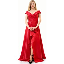 Madonna Yaka Saten Uzun Abiye Elbise – Yırtmaçlı Drapeli Şık Gece Elbisesi