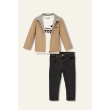 Mininio Erkek Çocuk Fermuarlı Yağmurluk Detaylı Üçlü Takım - Bej