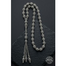 Roza Silver 925 Ayar Oval Kesim 3 Kamçılı Püskül Orta Boy Kafes Işlemeli Otantik Gümüş Tesbih