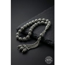 Roza Silver 925 Ayar Oval Kesim 3 Kamçılı Püskül Orta Boy Dama Işlemeli Otantik Gümüş Tesbih