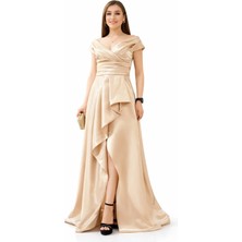 Madonna Yaka Saten Uzun Abiye Elbise – Yırtmaçlı Drapeli Şık Gece Elbisesi