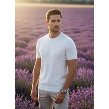 Nakşi Giyim Erkek Bisiklet Yaka Desenli Günlük Rahat Kalıp Kısa Kollu Yazlık Örgü Triko Tişört