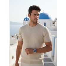 Nakşi Giyim Erkek Bisiklet Yaka Desenli Günlük Rahat Kalıp Kısa Kollu Yazlık Örgü Triko Tişört