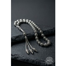 Roza Silver 925 Ayar Oval Kesim 3 Kamçılı Havuç Püskül Orta Boy Lale Işlemeli Otantik Gümüş Tesbih