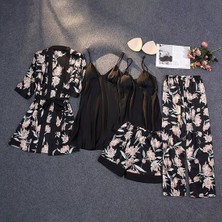 Ece's Design Ece's 5 Parça Lüks Saten Pijama & Gecelik Takımı Robe Kadın Set W2013