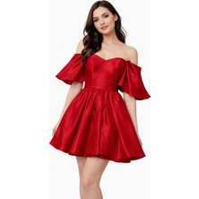 Omuz Dekolteli Saten Mini Abiye Elbise Volan Kollu