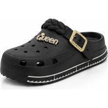 Letao Siyah Taşlı Platform Kadın Terlik - Örgü Kordonlu Şık Sabo Havuz Deniz