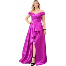 Madonna Yaka Saten Uzun Abiye Elbise – Yırtmaçlı Drapeli Şık Gece Elbisesi