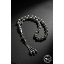 Roza Silver 925 Ayar Oval Kesim 3 Kamçılı Havuç Püskül Orta Boy Kafes Işlemeli Otantik Gümüş Tesbih