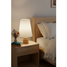 Mars Concept Doğal Ahşap Abajur, Krem Kumaş Başlıklı Modern Komodin & Yatak Odası & Salon Dekoratif Gece Lambası