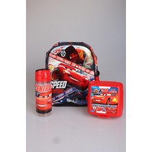 Dekomus Ile Lisanslı Cars Küçük Boy 32 cm Tek Bölmeli Anaokulu ÇANTASI,500 ml Trıtan Matara ve 2 Katlı Beslenme Kabı Seti