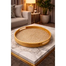 Yzhome 1 Adet Büyük Boy Bambu Yuvarlak Tepsi Sunum Servis Tepsisi 35CM