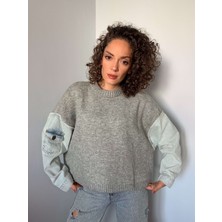 Gri Kot Detaylı Oversize Kazak