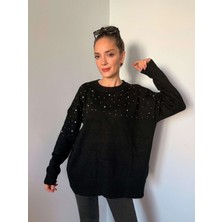 Siyah Bisiklet Yaka Taş Detaylı Kazak