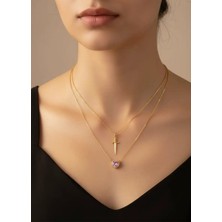 Chic & Shine Kalp ve Kılıç Çift Kolyesi - Pembe Taşlı Gold Renk Zirkon Çelik Kolye