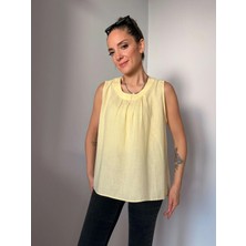 Sarı Bisiklet Yaka Keten Bluz