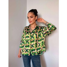 Retro Yeşil Desenli Saten Gömlek