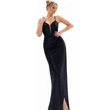 Askılı Saten Uzun Abiye Elbise – Derin V Yaka