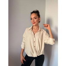 Natürel Renk Önü Kendinden Bağlama Detaylı Keten Gömlek