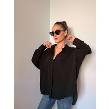 Siyah Gizli Düğmeli Oversize Saten Gömlek