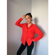 Turuncu Fitilli Gizli Düğme Detaylı Viskon Gömlek